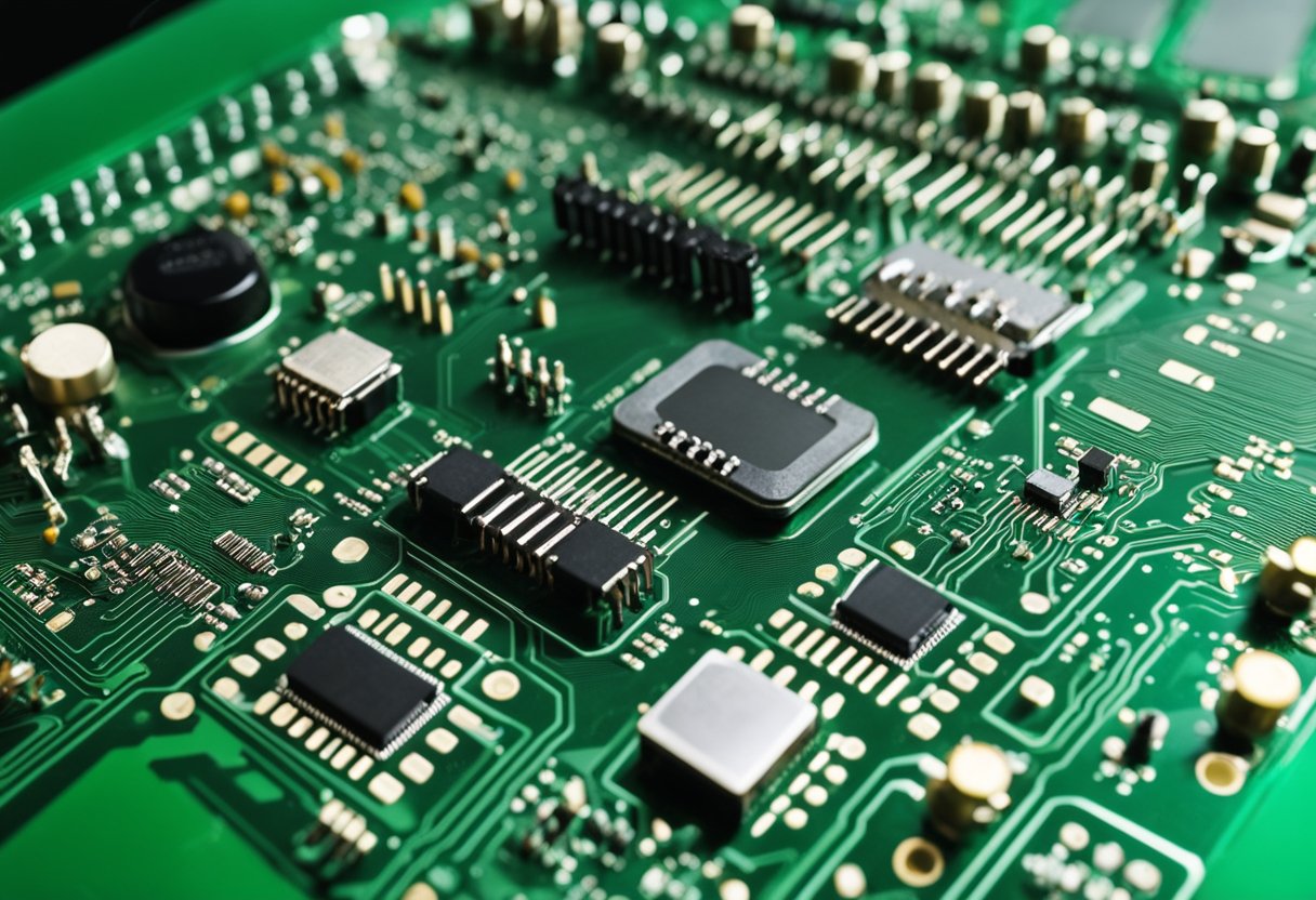 Various electronic components such as resistors, capacitors, and integrated circuits are arranged on a green printed circuit board (PCB) for assembly