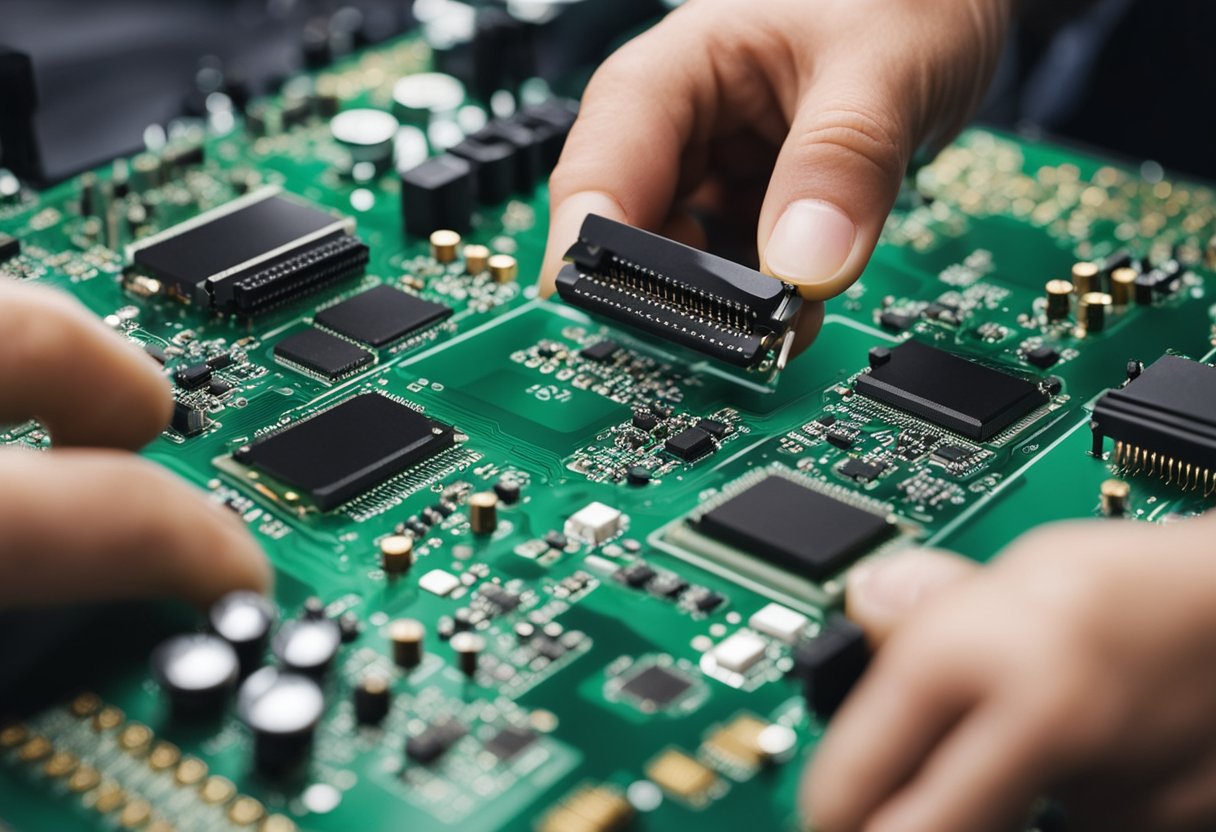 PCB components being carefully assembled onto an electronics board with precision and attention to detail