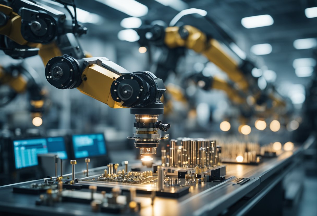 Robotic arms assemble PCB components with precision and speed in a futuristic factory setting. Advanced machinery and automated processes dominate the scene