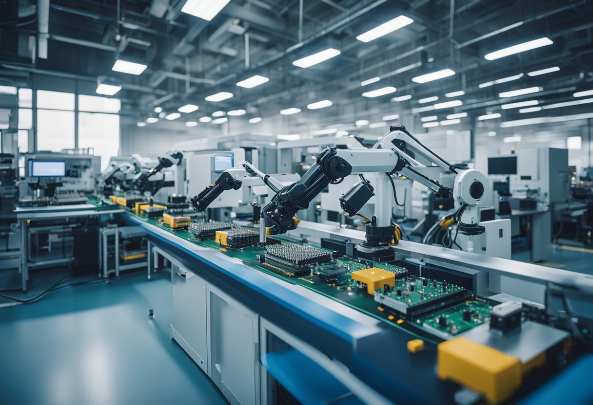 Multiple machines and robotic arms working together to assemble PCBs in a high-tech facility in Romania