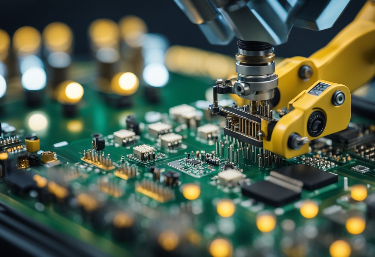 Robotic arms meticulously place tiny components onto a circuit board, while automated machines solder and inspect with precision