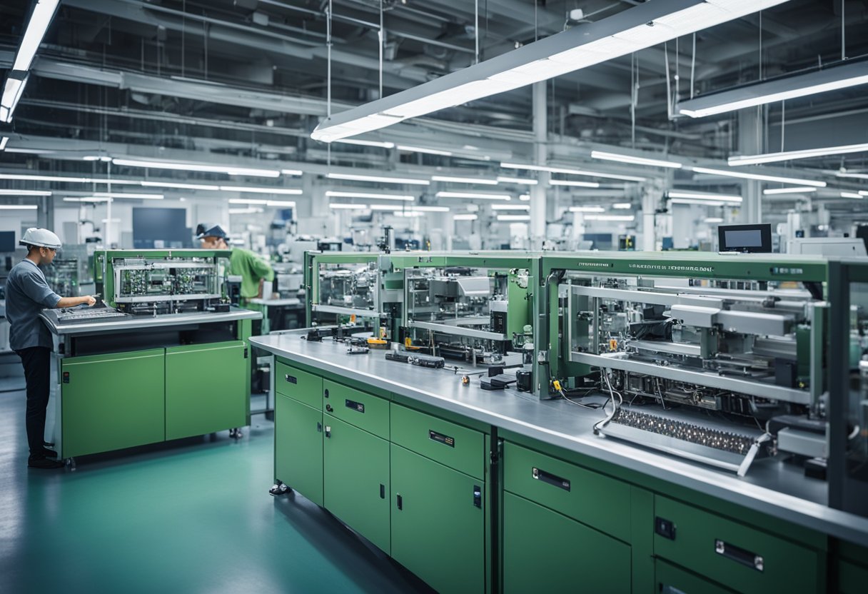 Various PCB assembly machines and equipment fill a spacious, well-lit factory floor. Skilled technicians work diligently at their stations, ensuring precision and quality in the assembly process