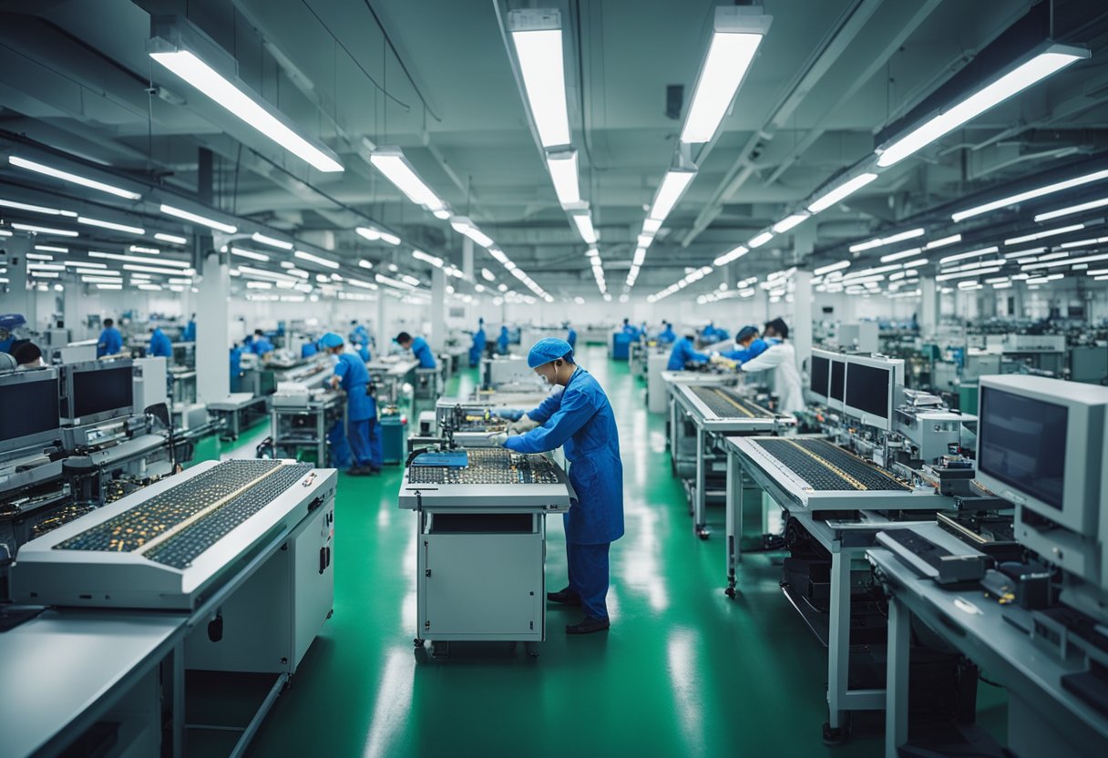 Workers assemble PCB prototypes in a Chinese factory. Machines and tools surround the workers, with components and circuit boards on the workbenches