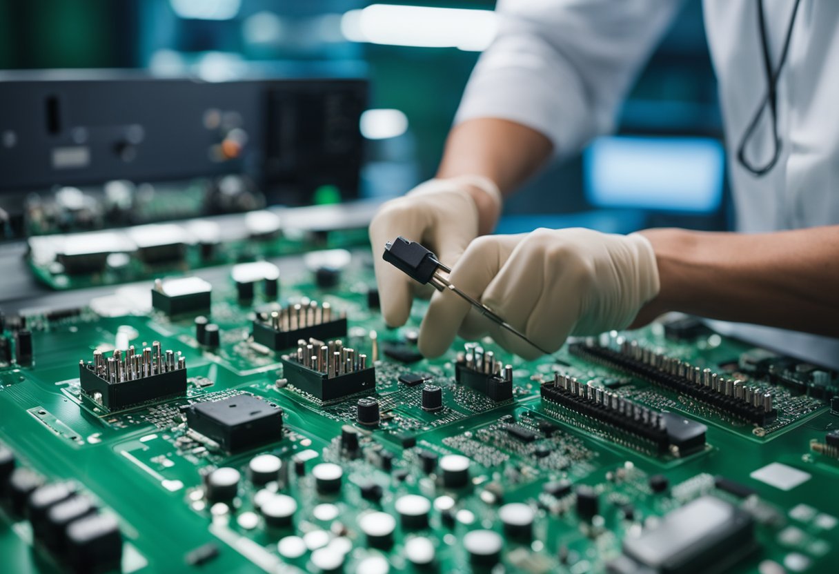 A technician carefully places electronic components onto a green PCB, ensuring precise alignment and soldering for the best assembly
