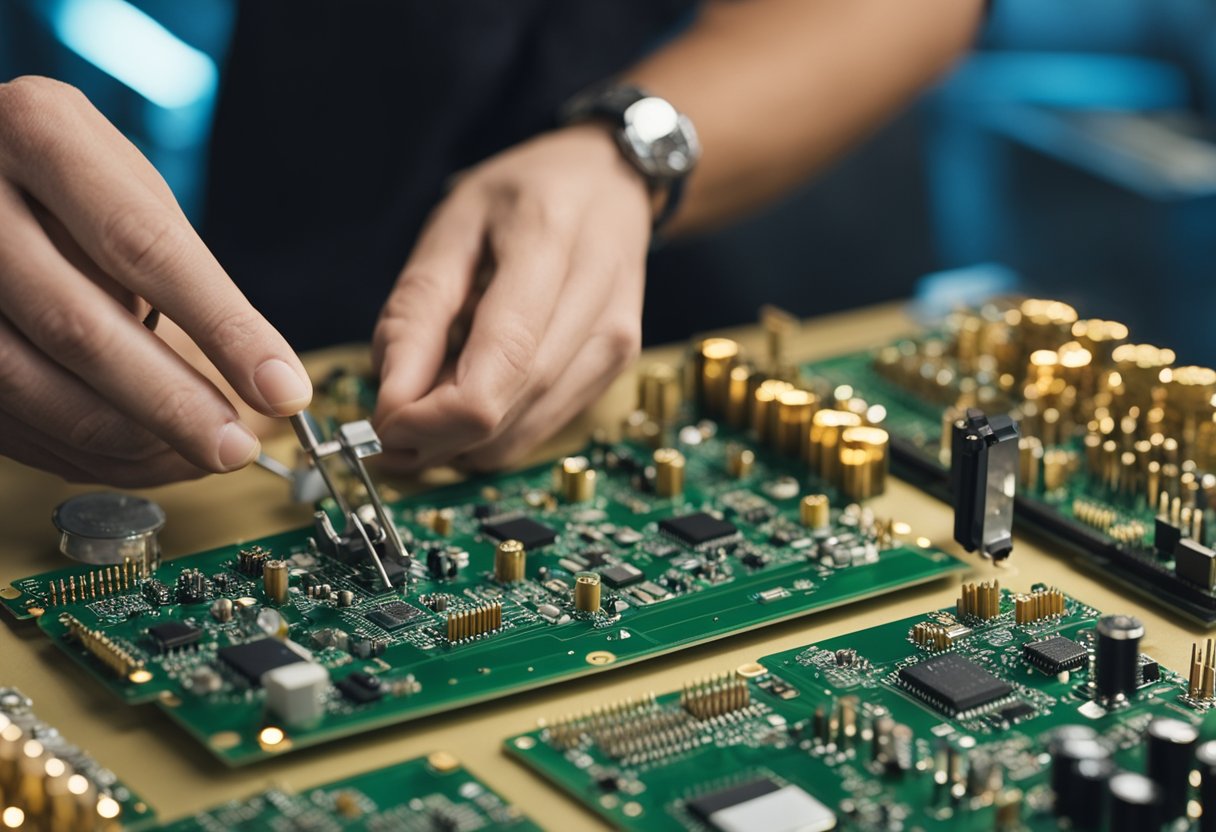 PCB components being carefully placed and soldered onto a circuit board by a skilled technician in a well-lit and organized assembly area