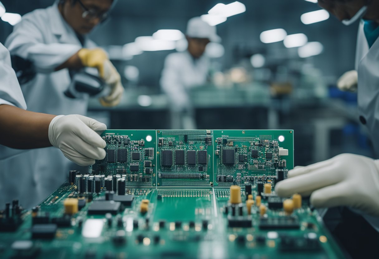 Electronic components being assembled onto a PCB in a factory setting in Indonesia