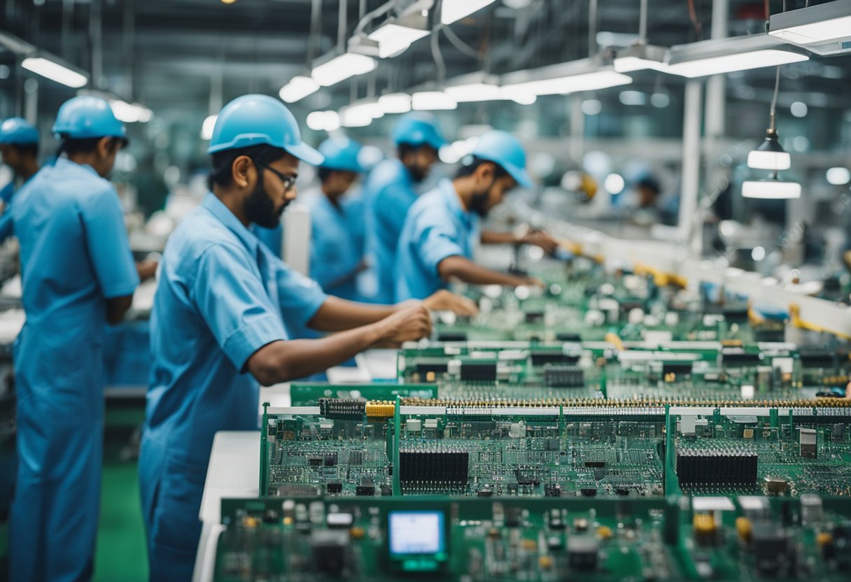 A bustling PCB assembly house in Bangalore, with workers and machines busy assembling electronic components