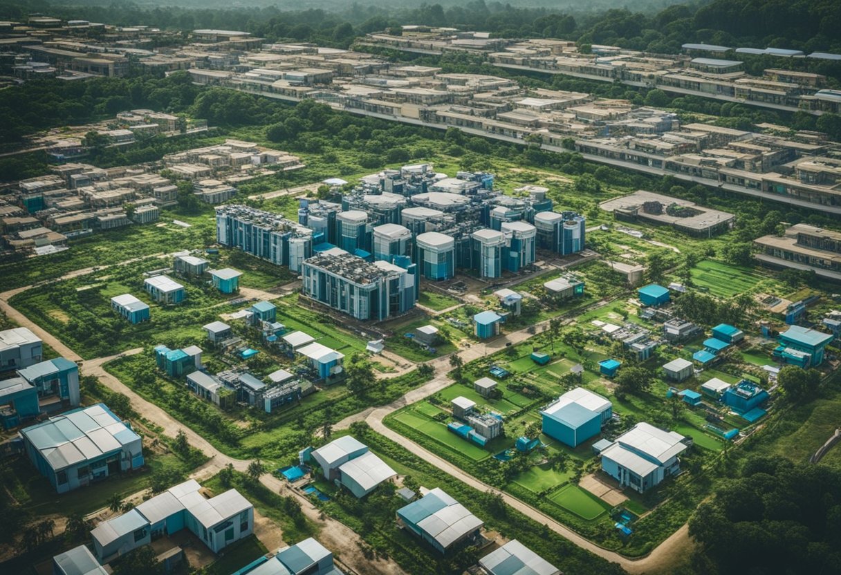 Aerial view of PCB assembly houses in Bangalore, with workers assembling circuit boards and machines processing components