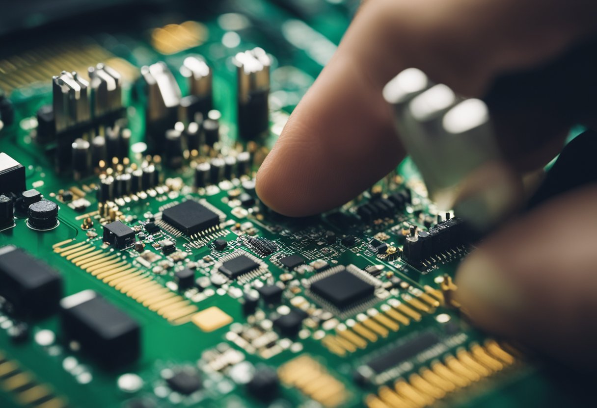 A technician is carefully inspecting a printed circuit board assembly, checking components against the bill of materials for accuracy and quality