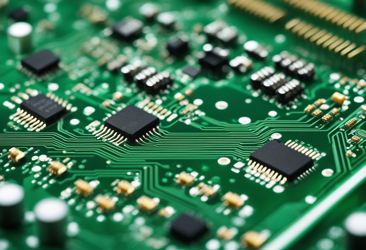 An array of electronic components arranged on a green printed circuit board, with soldered connections and intricate pathways