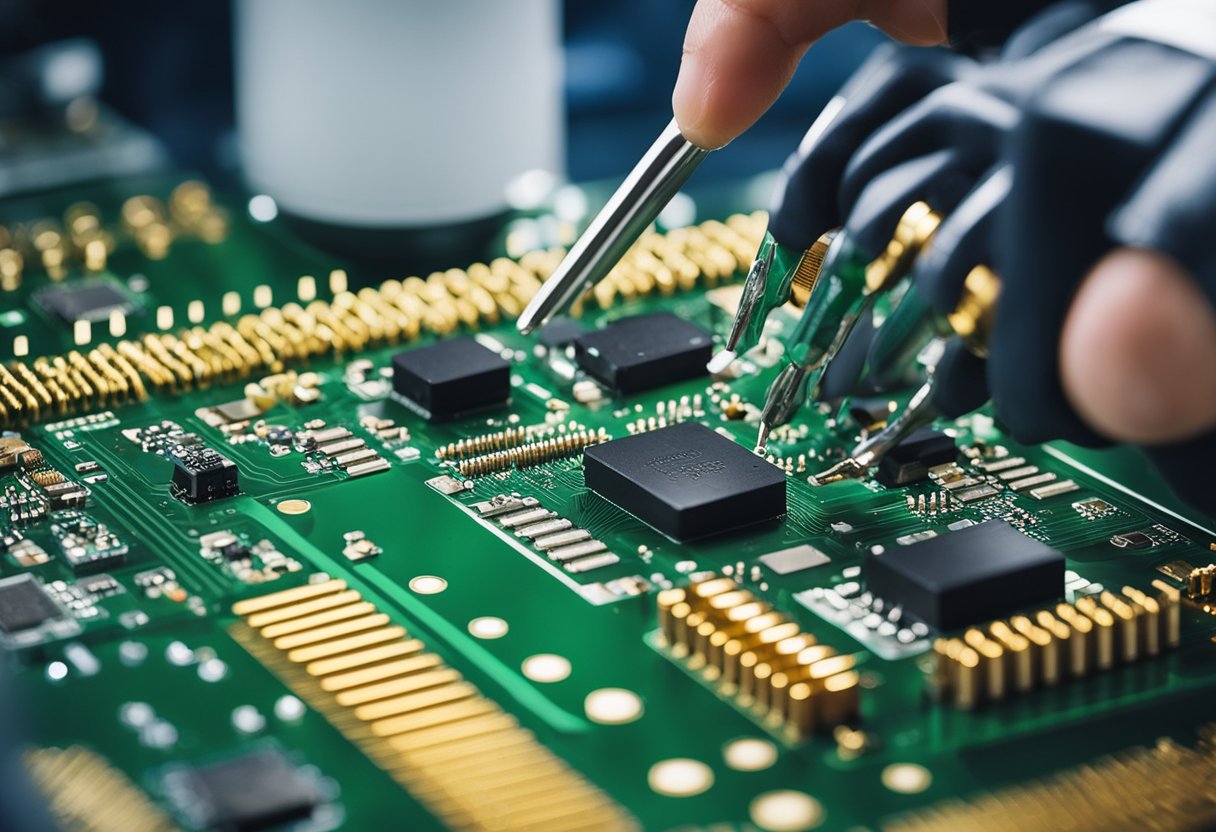 Electronic components being carefully soldered onto a printed circuit board, with precision tools and equipment surrounding the work area