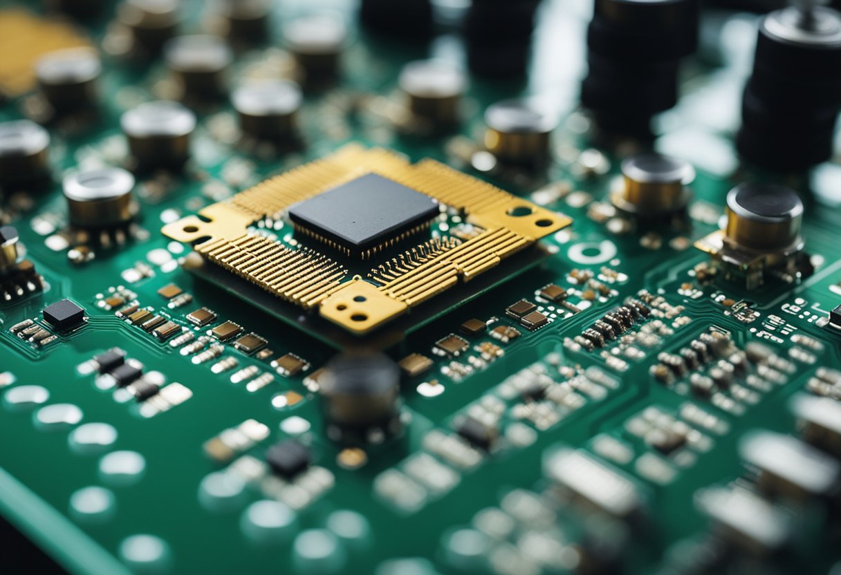 An array of electronic components being assembled onto a printed circuit board in a manufacturing facility in India