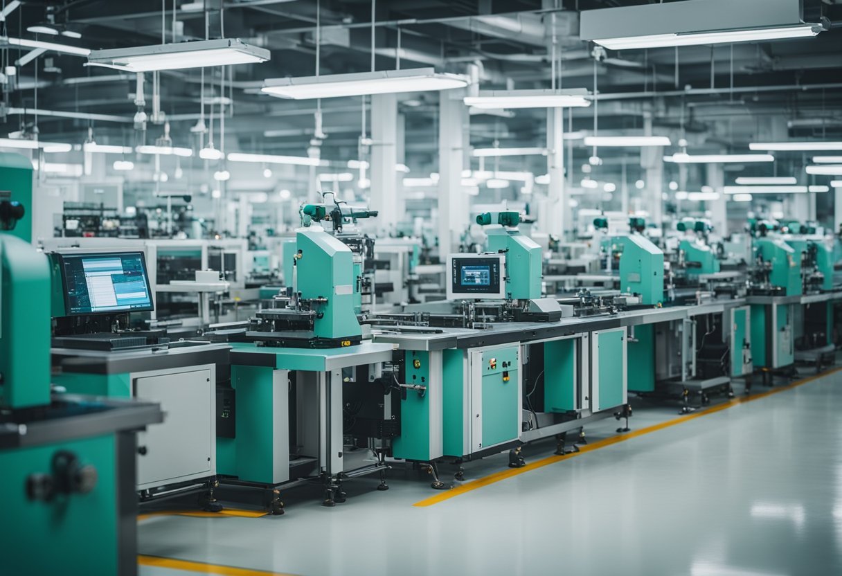Multiple PCB assembly machines and equipment fill a spacious, well-lit manufacturing facility in India, with workers in the background