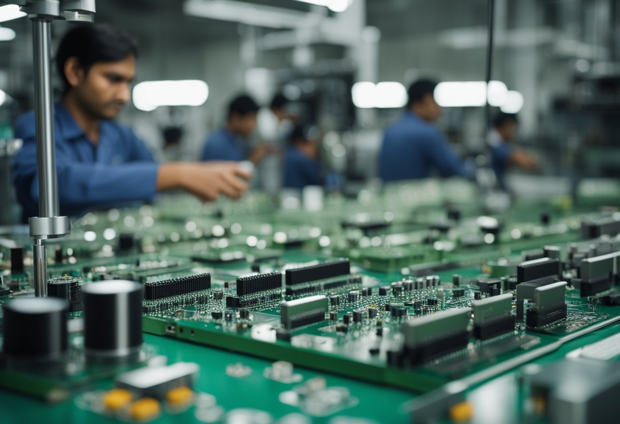 Circuit boards being assembled by machines in a modern Indian factory