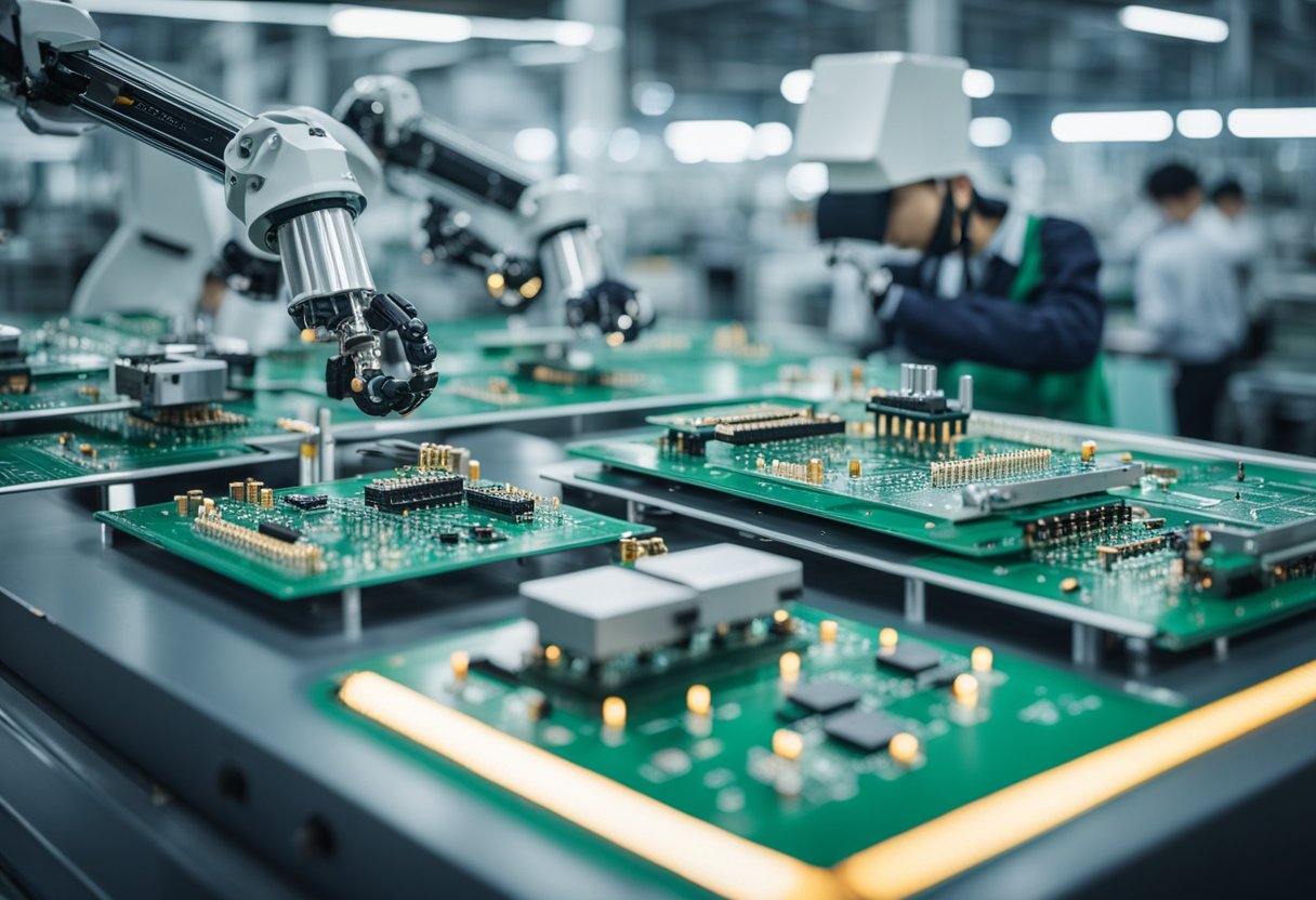 A PCB assembly line in China: robotic arms place components on circuit boards as conveyors move them through the manufacturing process