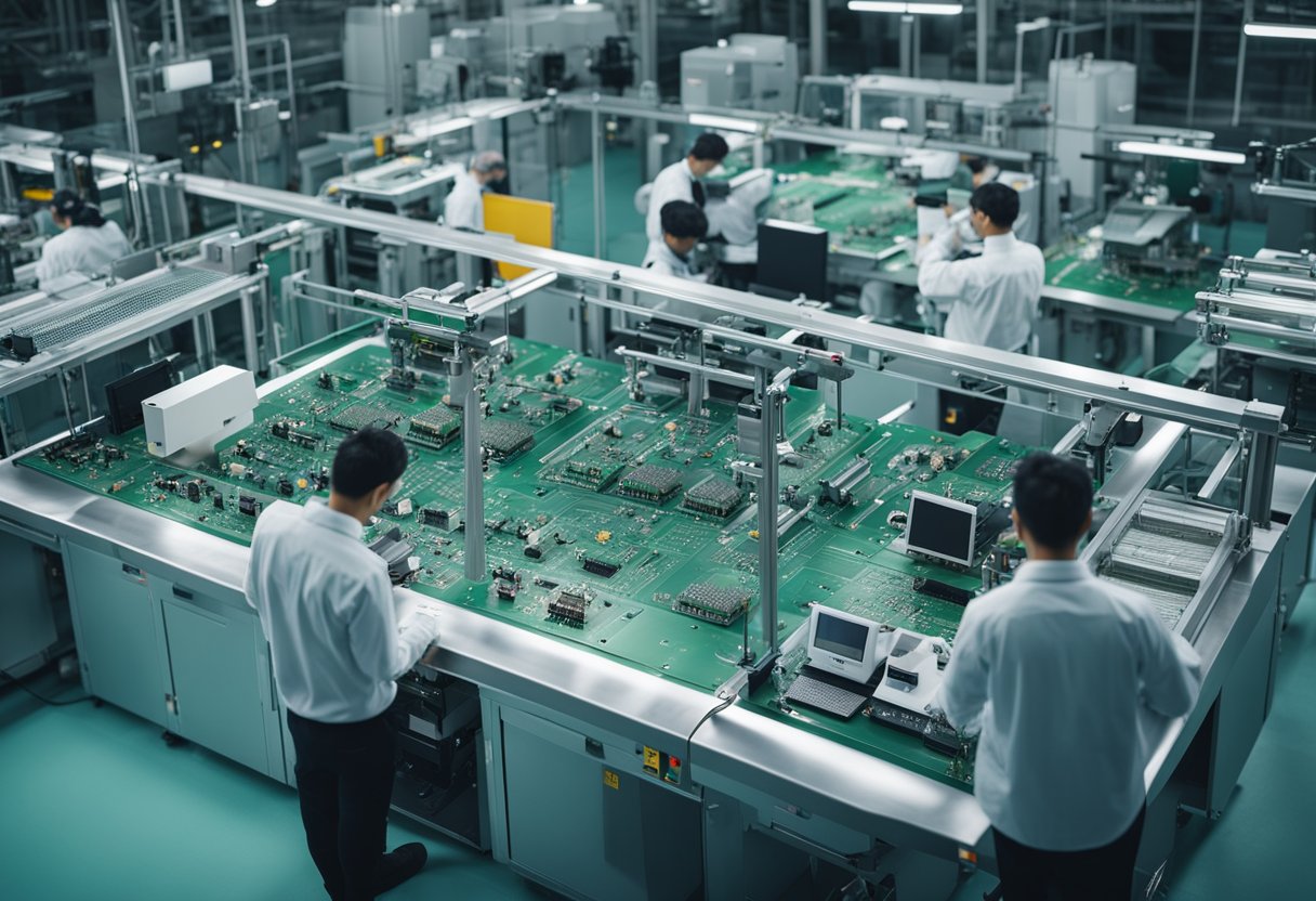 An overhead view of a PCB assembly line with AOI machines inspecting circuit boards for defects