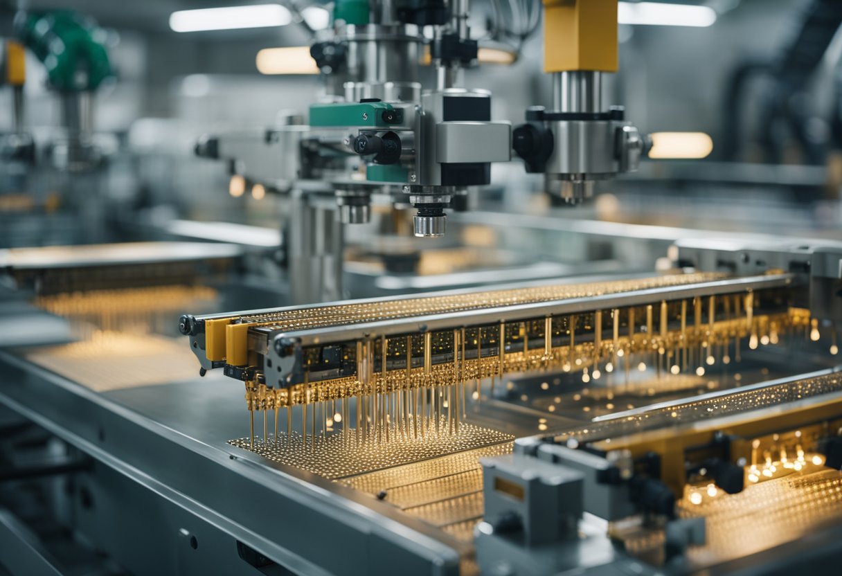 A conveyor belt moves PCBs through a production line. Robotic arms solder components onto the boards as they pass by