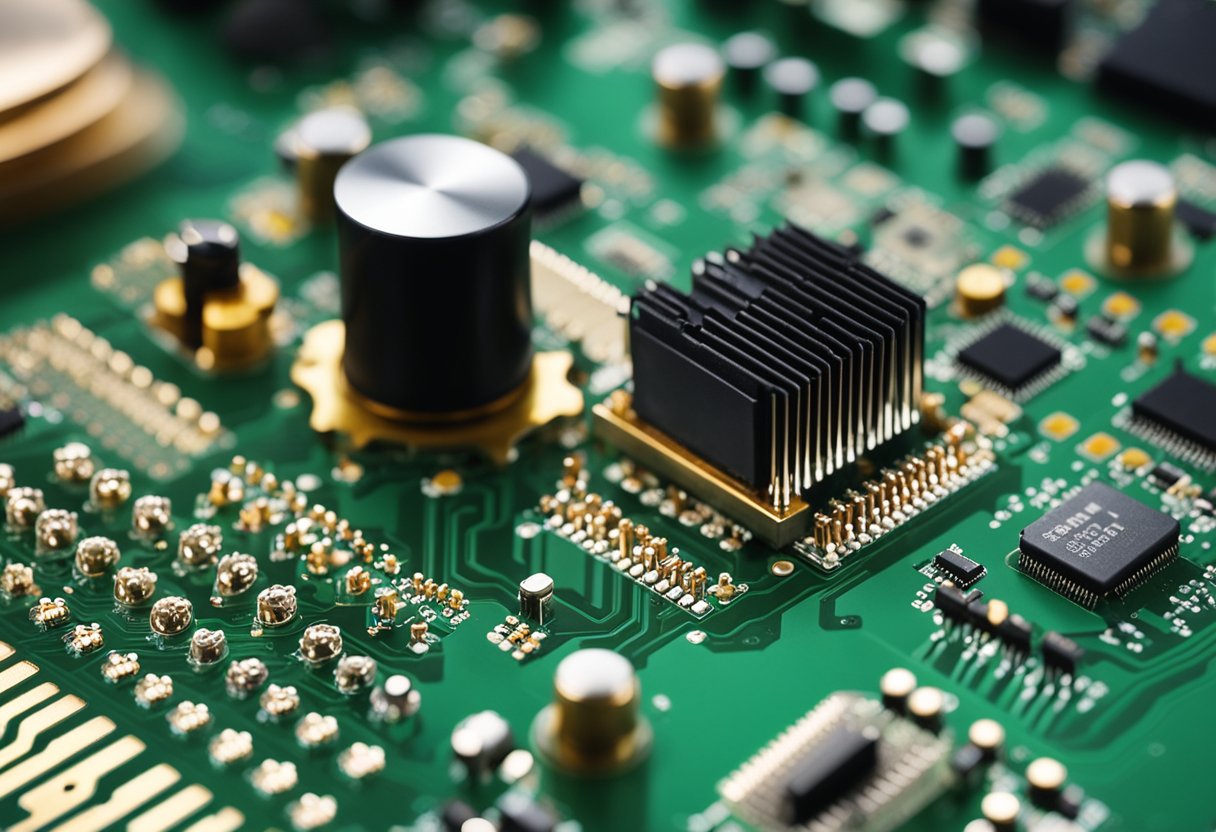 Various electronic components being assembled onto a printed circuit board in a manufacturing facility