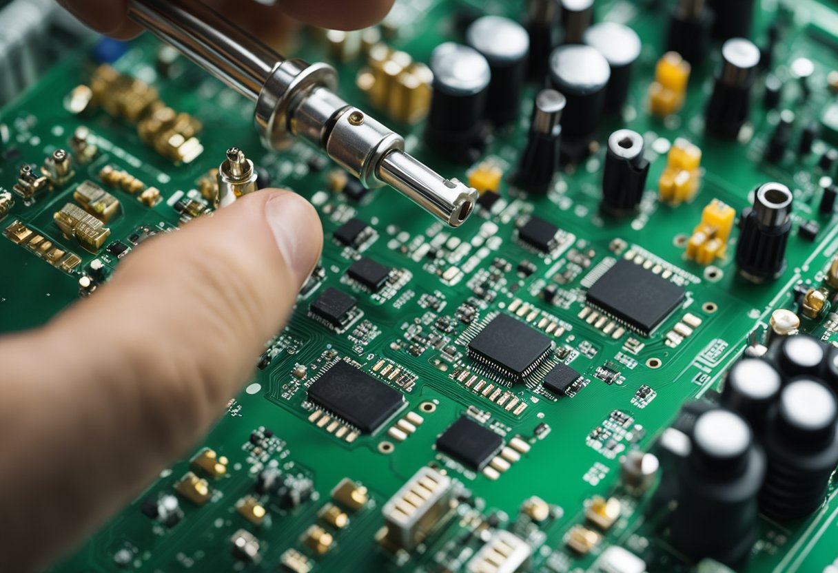 A PCB assembly fixture holds circuit boards and components in place for soldering