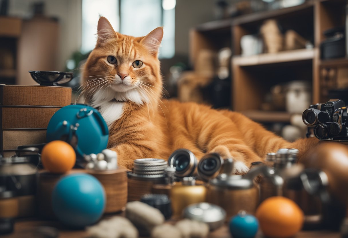 An orange cat surrounded by a variety of objects, each with a different name written on it, such as "Simba," "Garfield," "Tiger," and "Rusty."