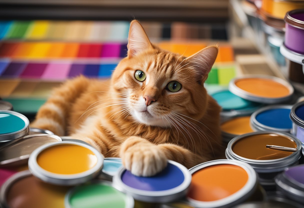 An orange cat lounges among a rainbow of paint swatches, each labeled with a unique color-inspired name