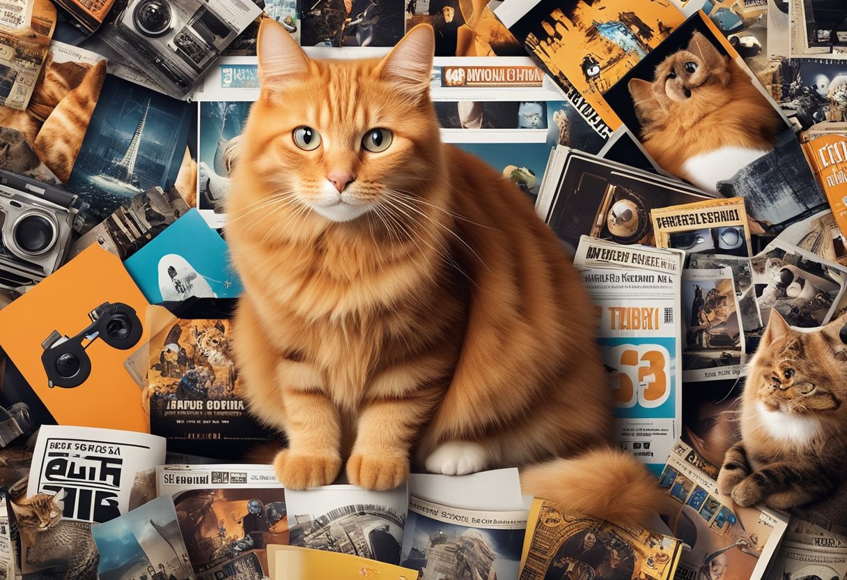 An orange cat surrounded by pop culture items such as movie posters, music albums, and comic books