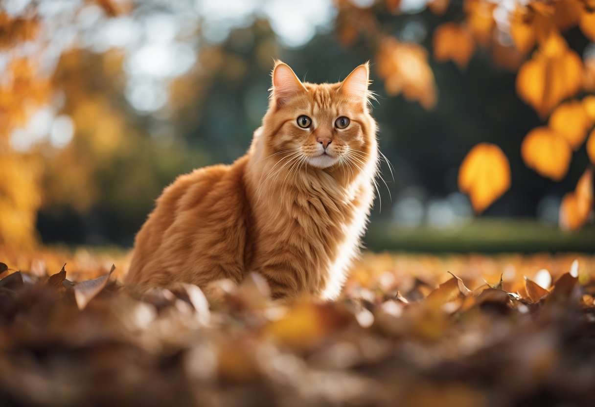 An orange cat sits proudly, surrounded by vibrant autumn leaves. His confident gaze and playful demeanor exude warmth and charisma