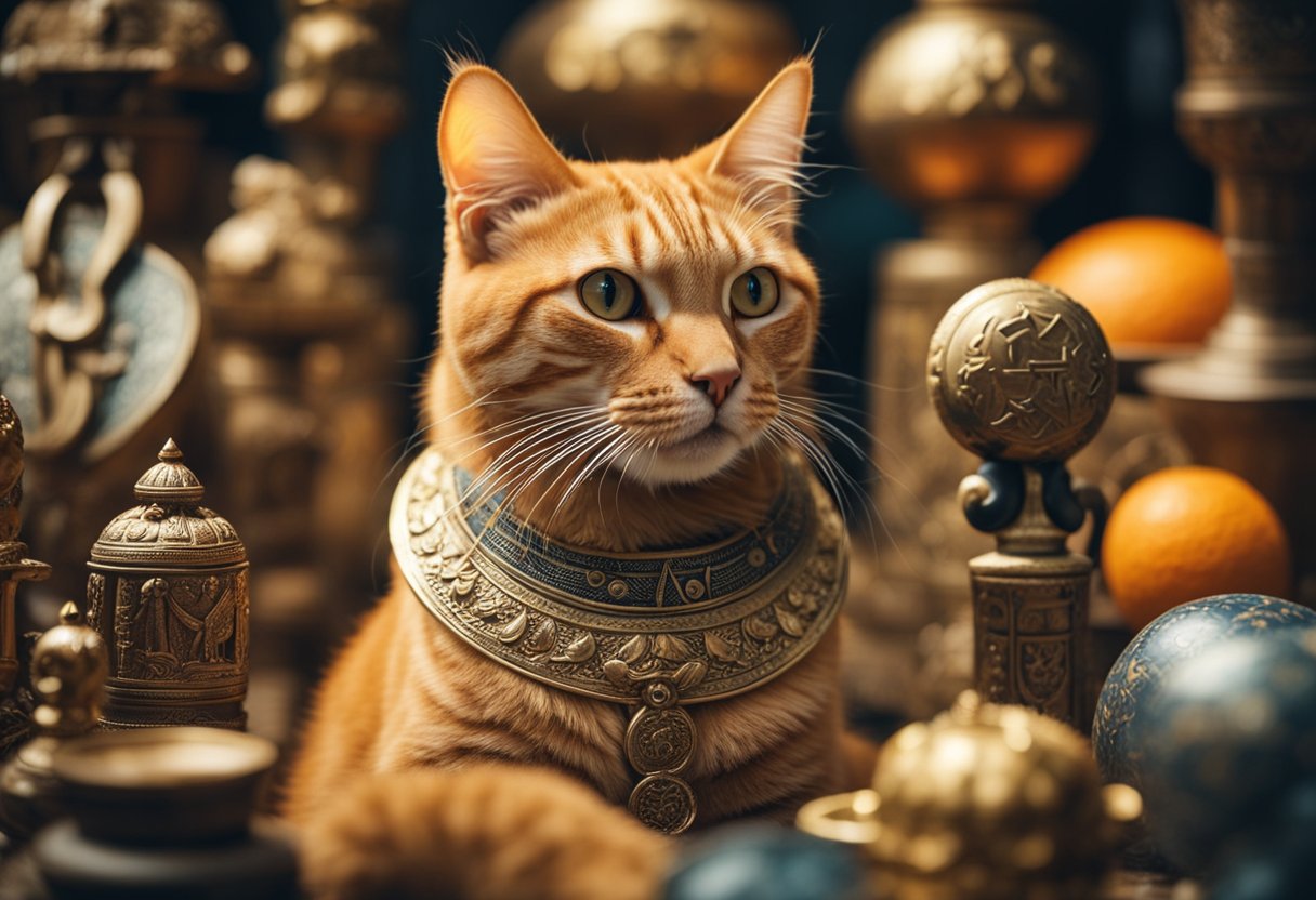 An orange cat surrounded by ancient and mythological symbols and artifacts