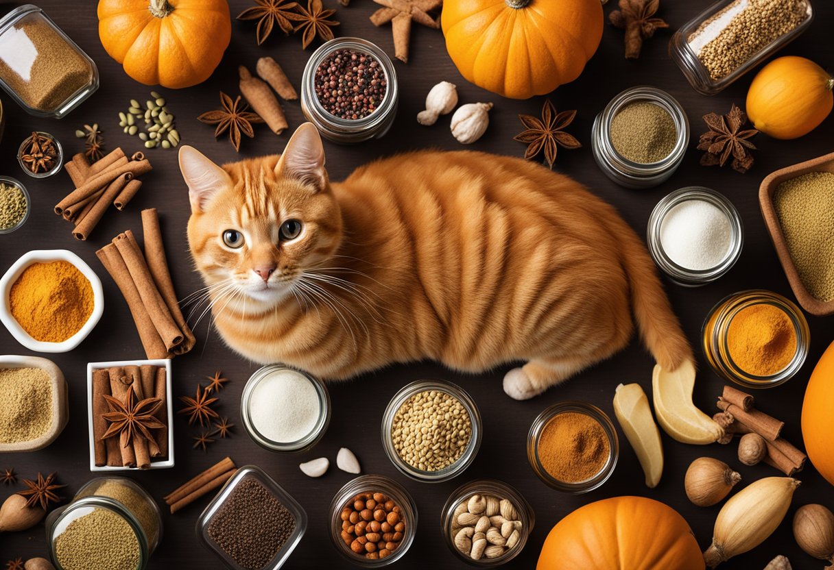 An orange tabby cat surrounded by food and spice containers with labels like "Ginger," "Cinnamon," "Pumpkin," and "Saffron."