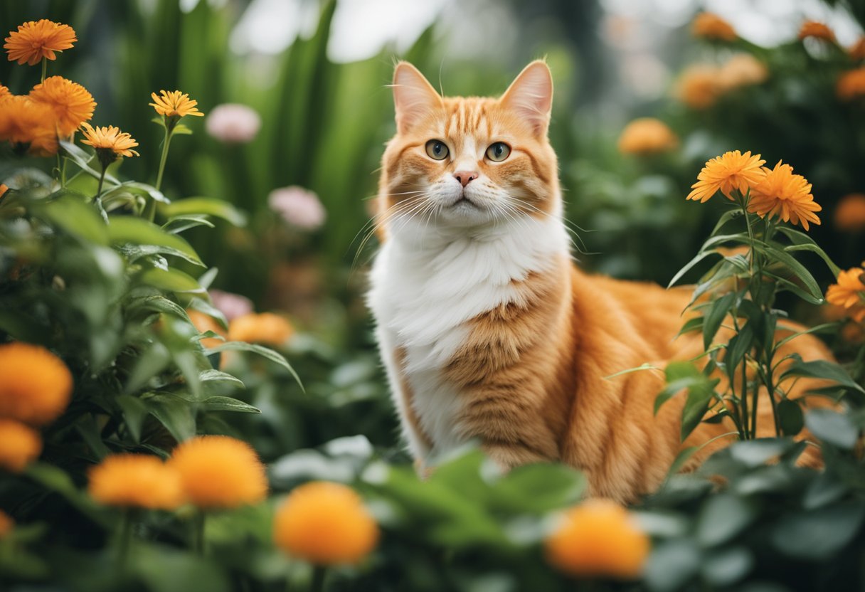 An orange cat lounges among 125 different plants and flowers, each labeled with their respective names