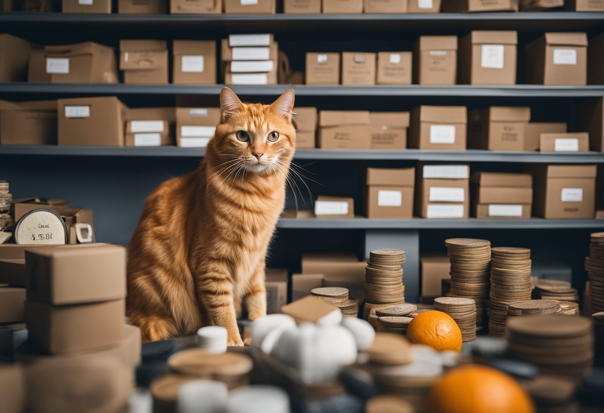 An orange cat sits among a collection of items, each labeled with a unique and uncommon male name. The cat looks curiously at the names, creating a sense of intrigue and wonder