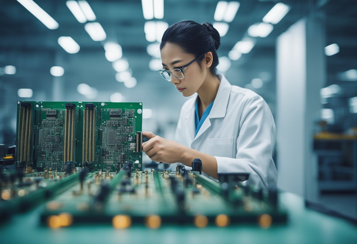 A technician assembles circuit boards with precision tools in a modern Chinese manufacturing facility