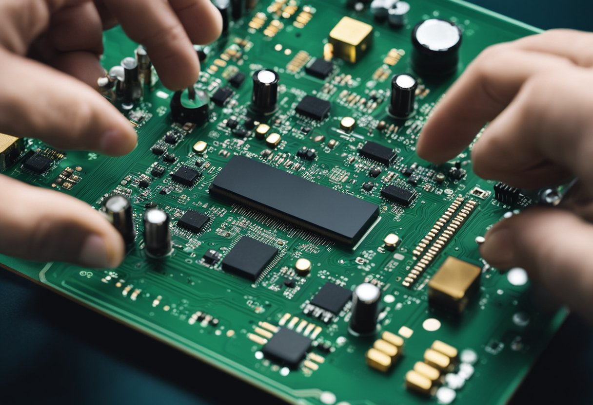 PCB components being placed on a circuit board, soldered, and inspected for quality control