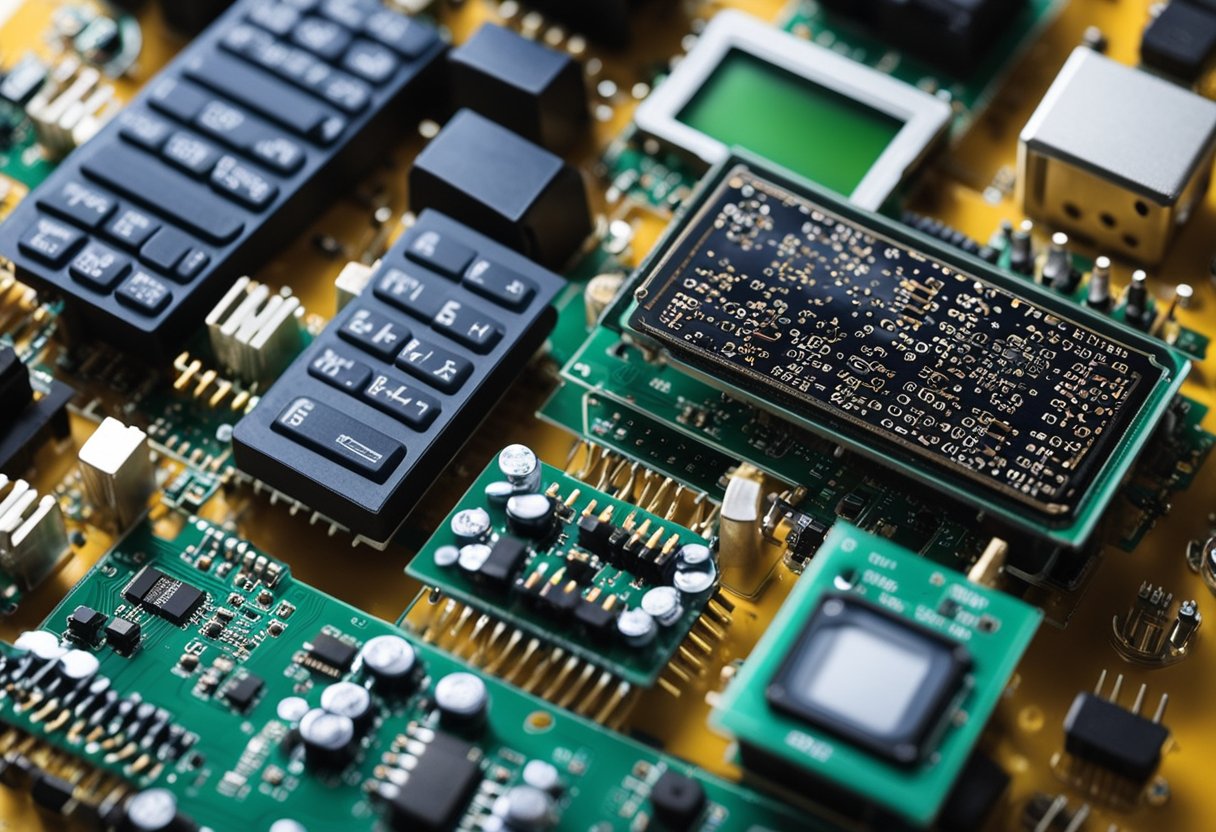 A table with electronic components, a computer, and a calculator for PCB assembly cost estimation
