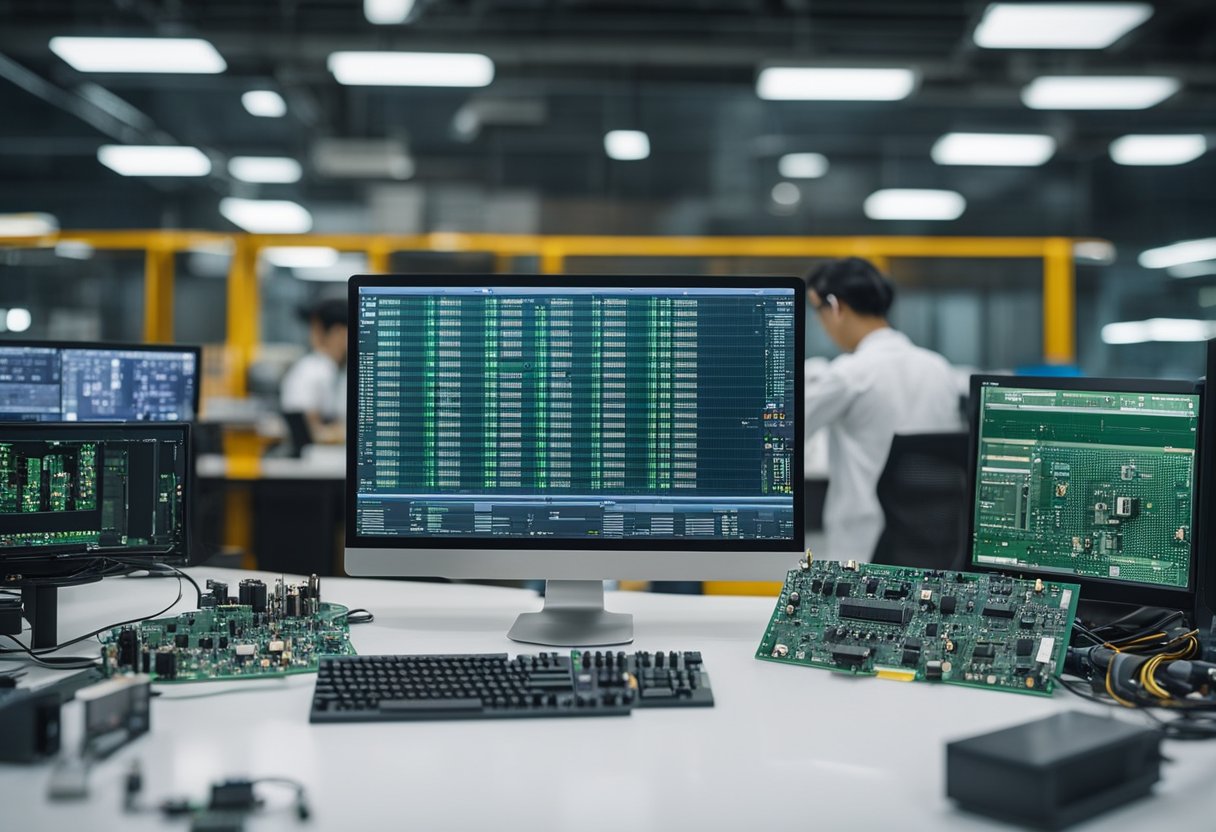A technician in China receives an online quote for PCB assembly, surrounded by computer screens and electronic components