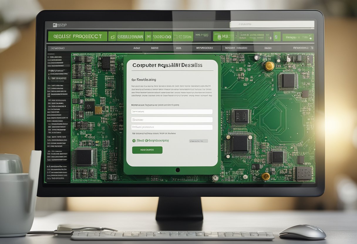A computer screen displaying a PCB assembly website with a form for inputting project details. A mouse cursor clicks on the "Request Quote" button
