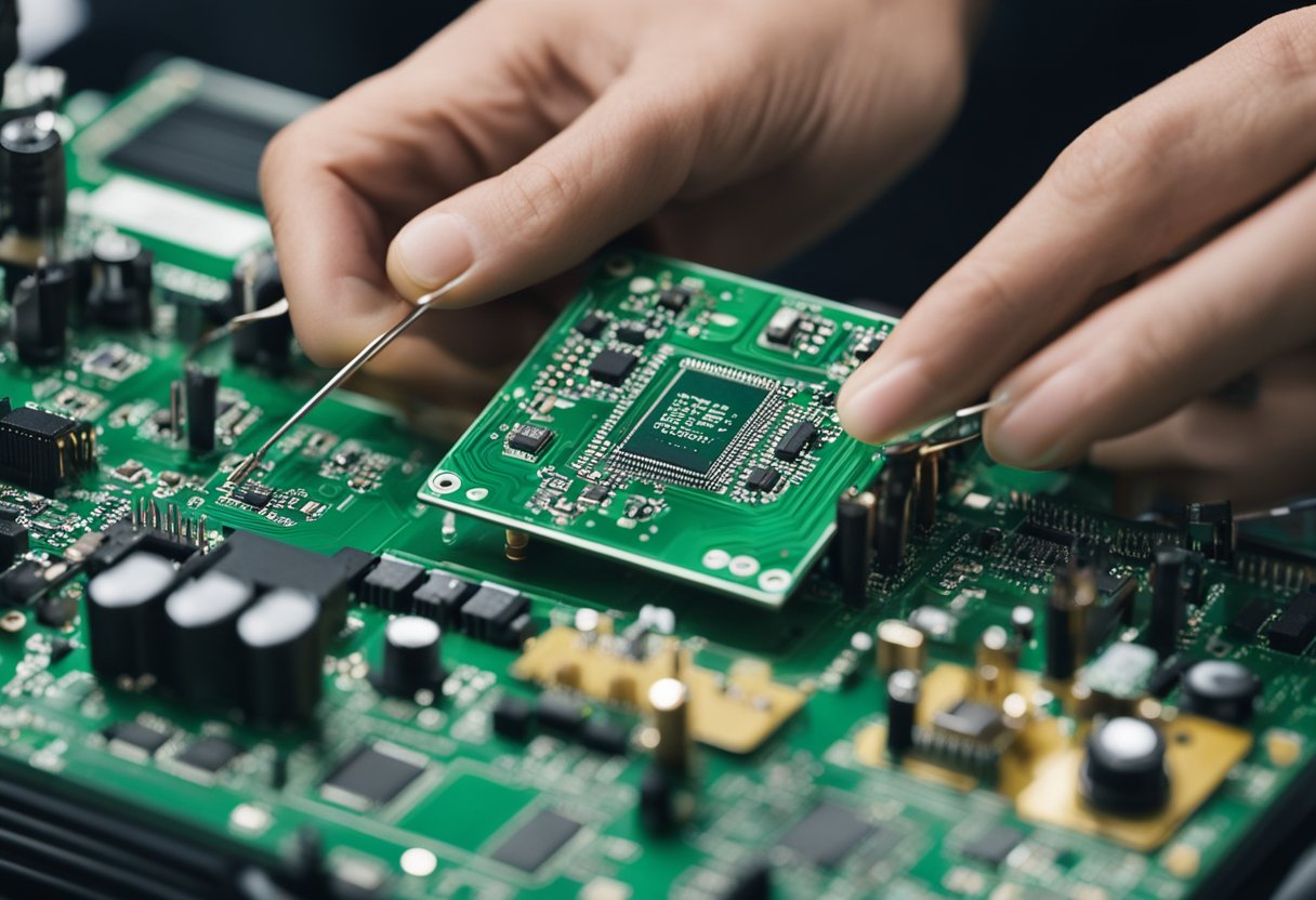 A technician soldering components onto a printed circuit board (PCB) assembly
