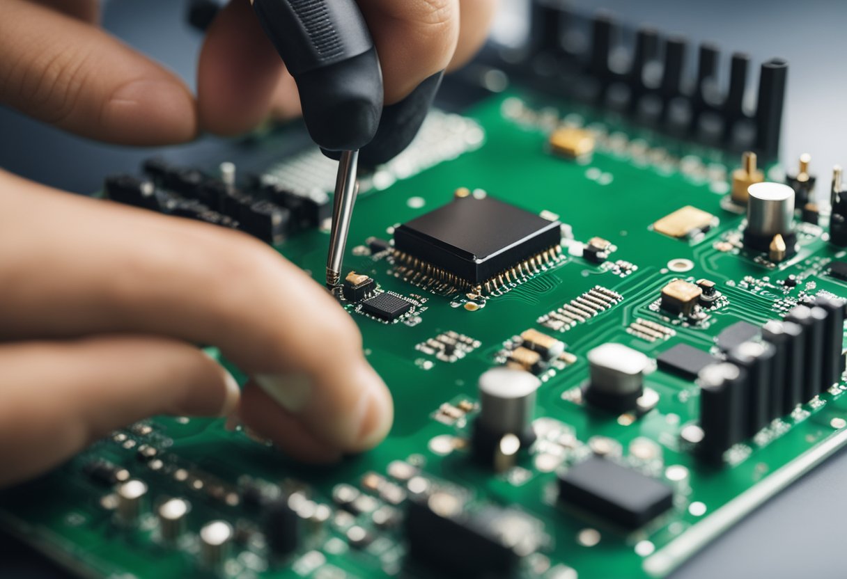 A PCB assembly technician solders components onto a circuit board with precision and expertise