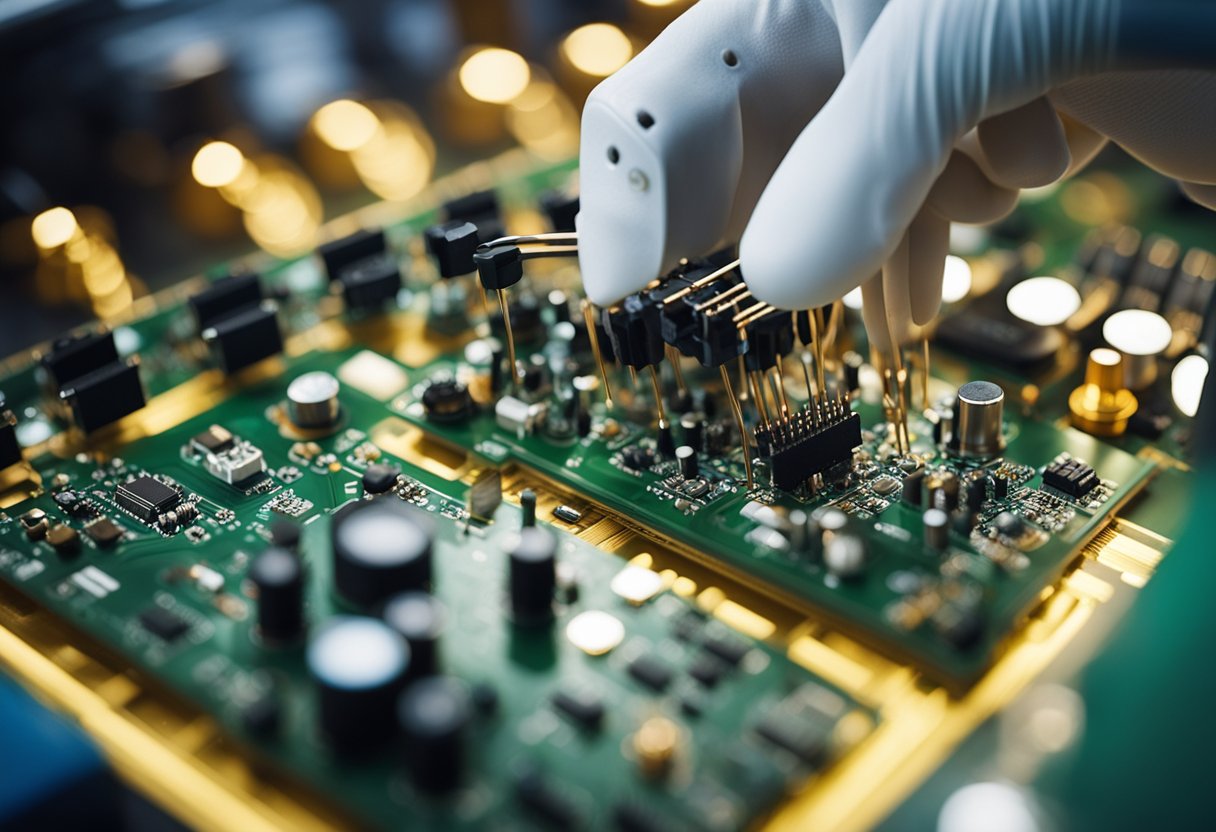 Various electronic components being placed and soldered onto a printed circuit board, with machinery and equipment in the background