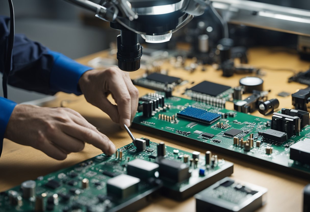 A technician swiftly assembles PCB components on a workbench. Soldering iron and electronic parts are neatly arranged nearby