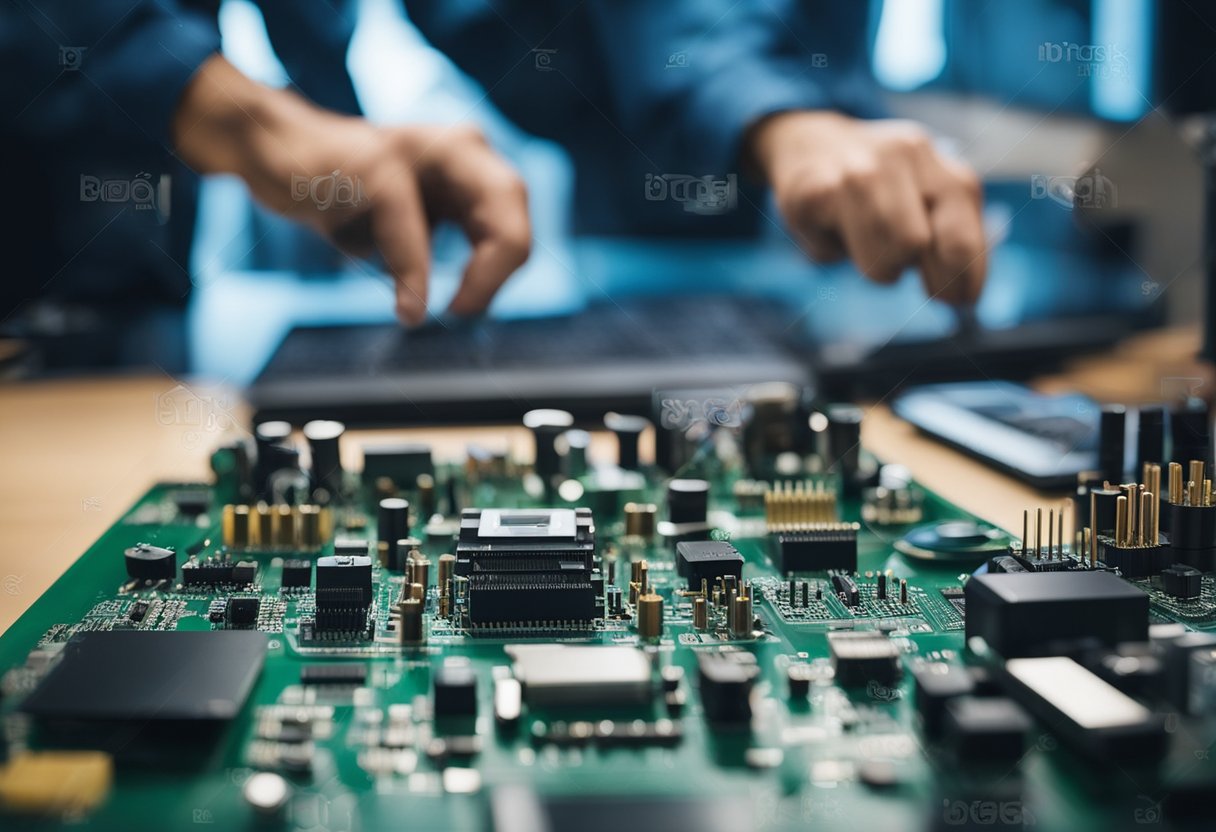 A technician swiftly assembles PCB components on a workstation, surrounded by tools and equipment, with a sense of urgency and efficiency