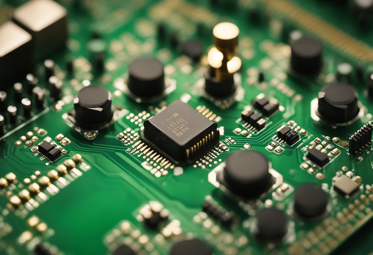 Electronic components arranged on a printed circuit board (PCB) with soldering equipment nearby