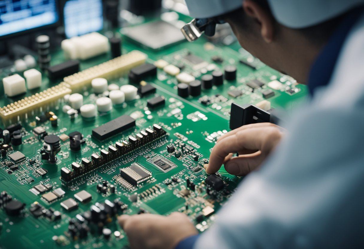 A PCB assembly technician carefully places electronic components onto a printed circuit board, soldering them into place with precision
