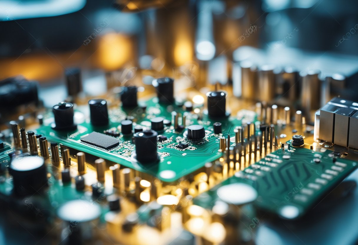 Circuit boards being assembled and tested with various electronic components and machinery