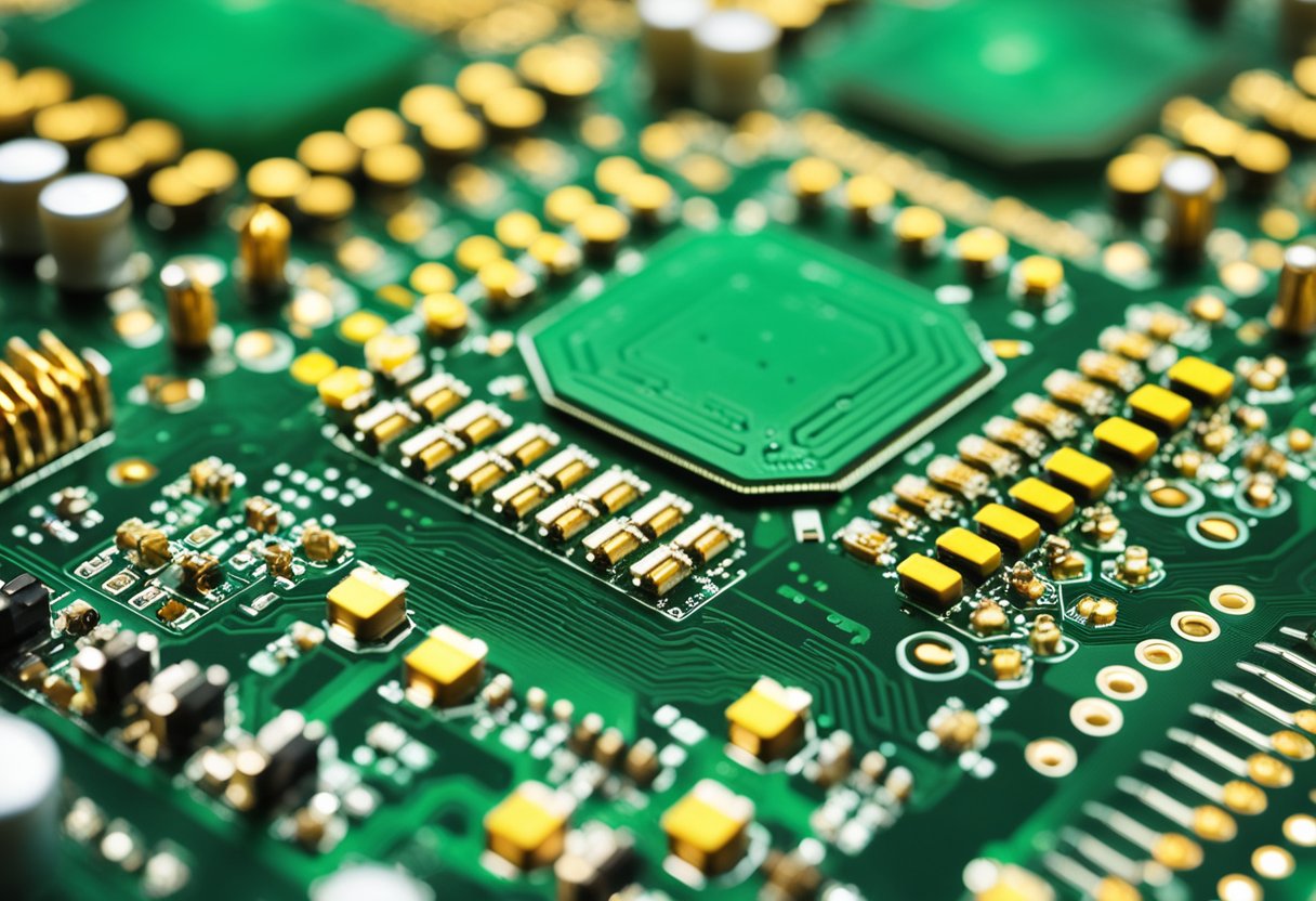 Various PCB assembly types: through-hole, surface mount, mixed technology. Components include resistors, capacitors, ICs, connectors. Soldering, inspection, testing