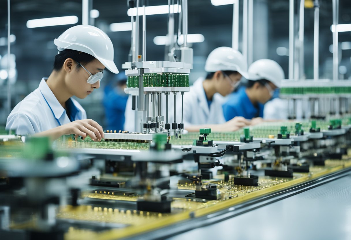 Multiple PCB assembly machines operating in a large manufacturing facility in China, with workers overseeing the production process
