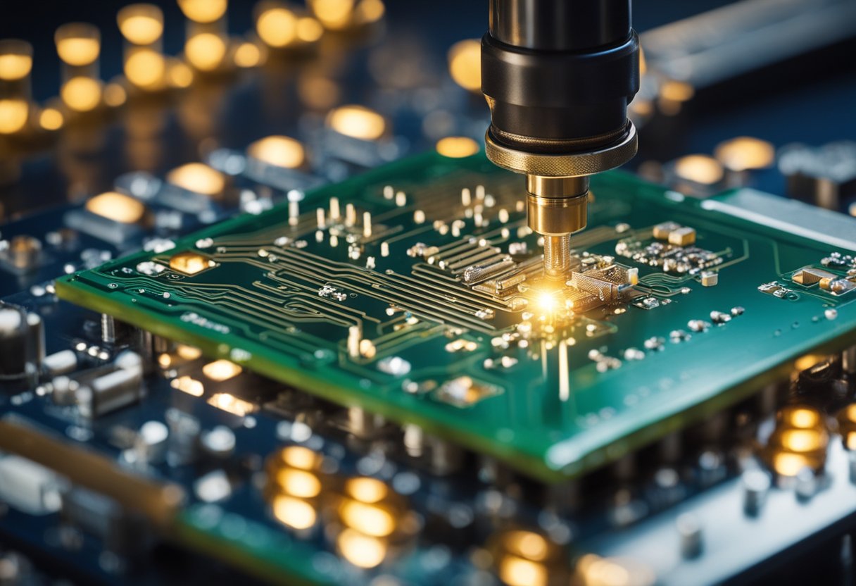 Soldering iron melts solder onto PCB components. Flux is used to remove oxidation and ensure a strong bond