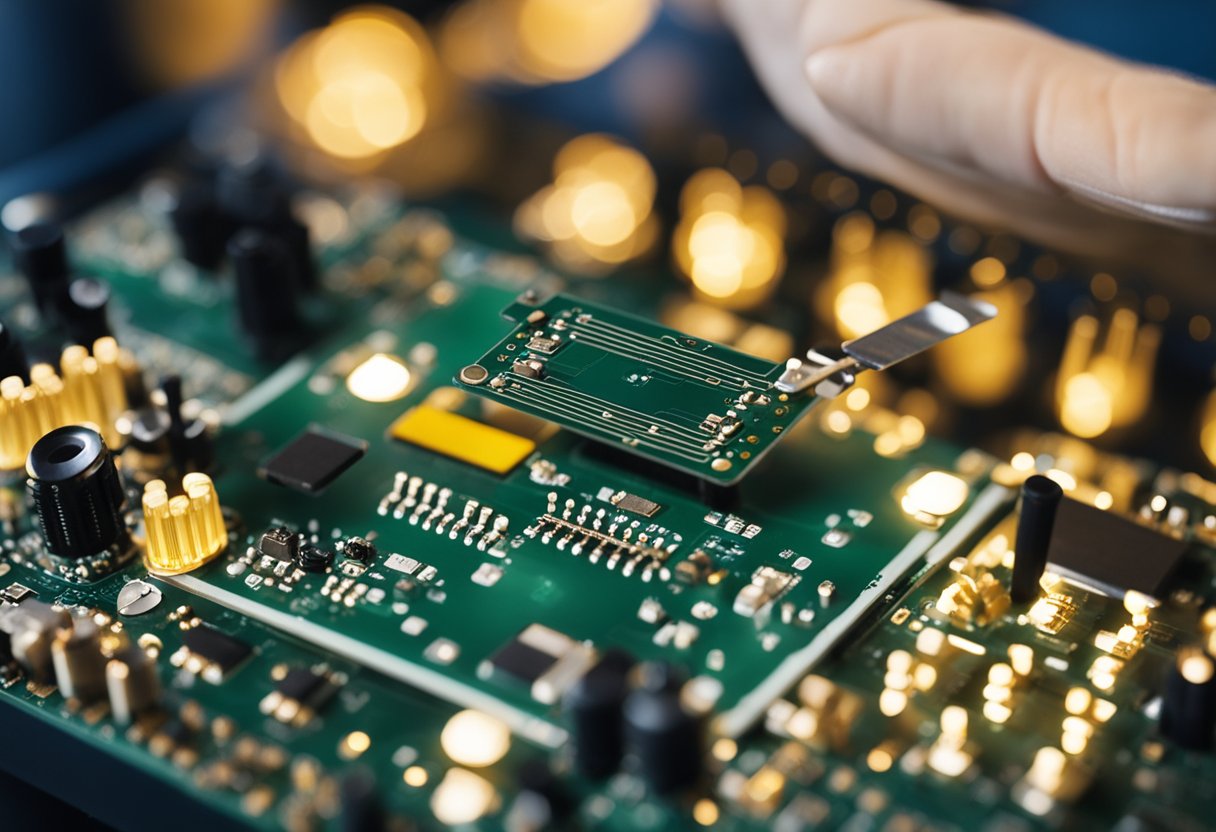 Multiple electronic components being placed and soldered onto a printed circuit board using surface-mount technology