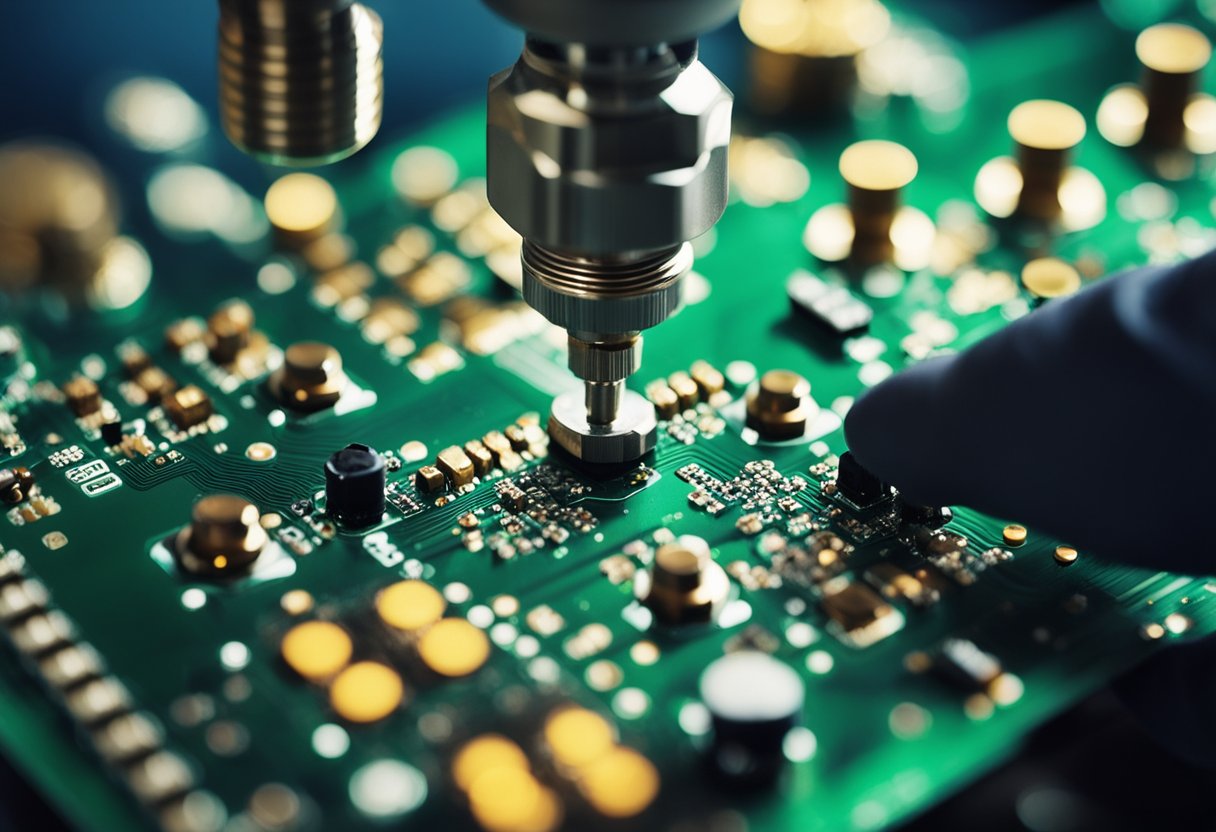 Components being inserted into holes on a PCB, followed by soldering