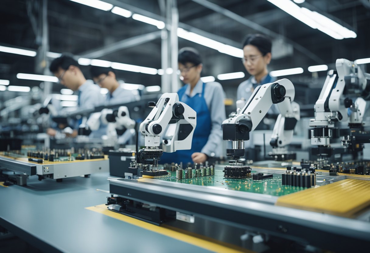 High-tech assembly line with precision machinery and robotic arms assembling circuit boards with speed and accuracy. Quality control checks in place